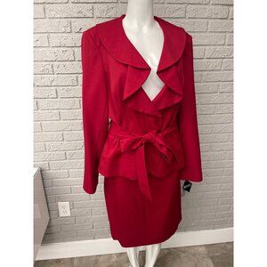 NWT Emily Women Red Long Sleeve Ruffle Collar 2 PCS Skirt Suit Size 18